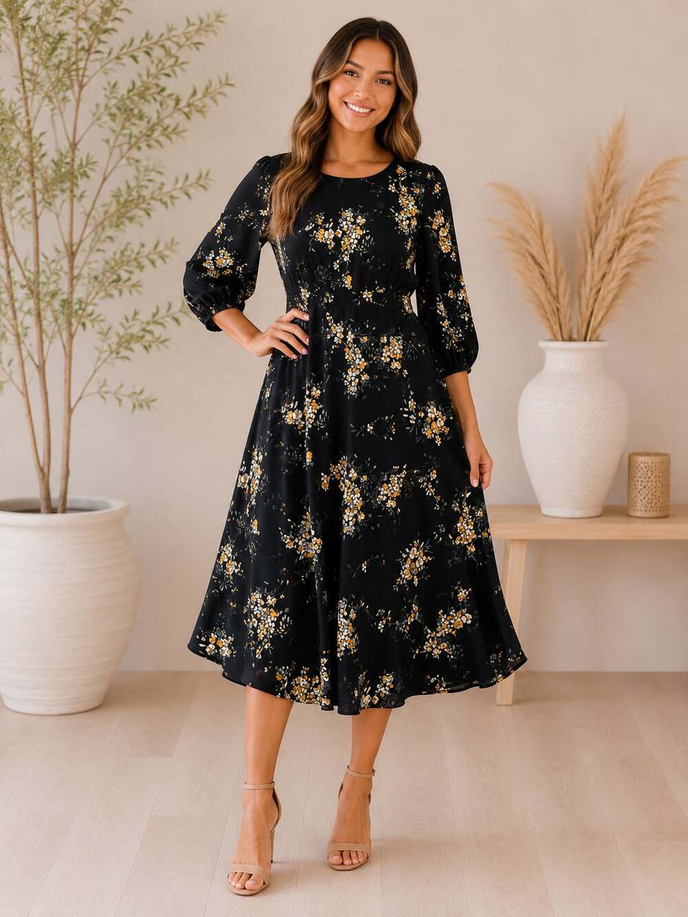 Lauren Ralph Lauren Floral Midi Dress Size 12 Black 3/4 Sleeve Fit Flare